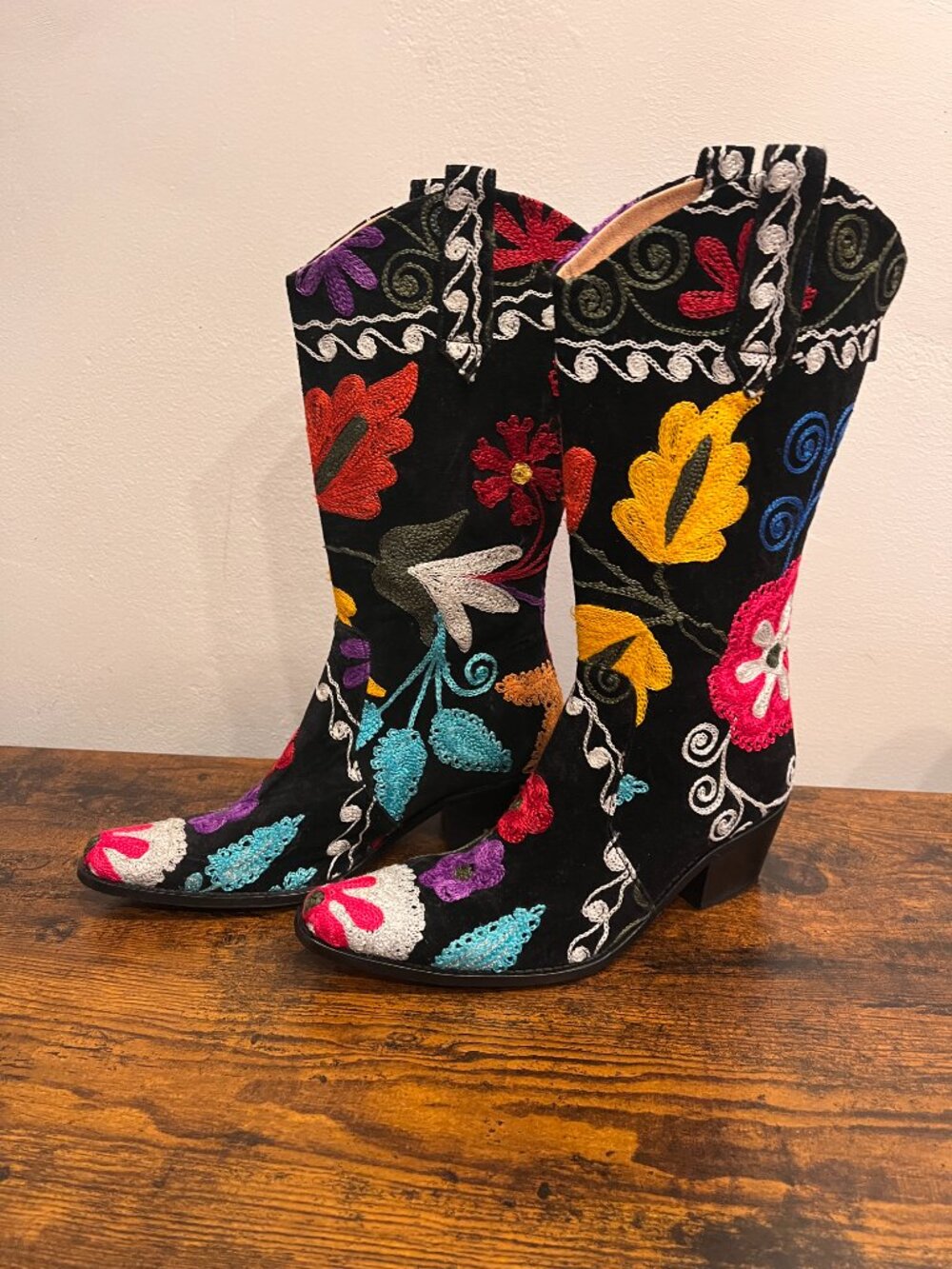 Velvet Road Black Suede Multicolor Floral Embroidered Cowboy Boots